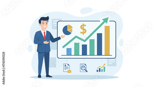Dynamic financial data presentation with a smiling businessman in a suit pointing to an upward trending bar graph, pie chart, and dollar sign, symbolizing investment growth and business success, with