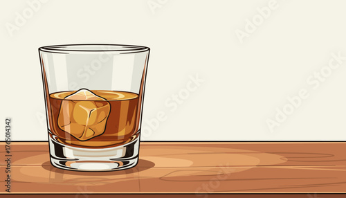 A single, clear glass tumbler filled with amber-colored whiskey and a large ice cube, resting on a polished wooden surface, with ample negative space for text or design elements, evoking a sense of