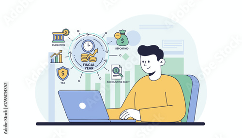 Fiscal Year Concept: A modern flat illustration depicting a person working on a laptop, surrounded by icons representing budgeting, tax, reporting, and accounting audit, symbolizing financial