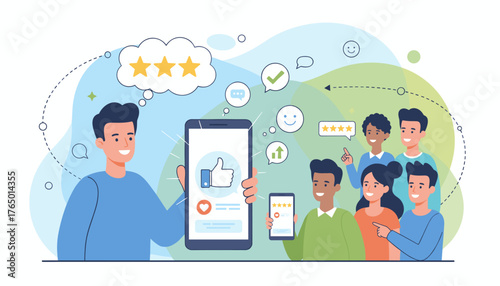 Positive customer feedback concept, people sharing reviews and ratings on smartphones, thumbs up, stars, and checkmarks symbolizing satisfaction and good service, modern flat illustration