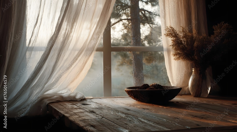 Fototapeta premium Rustic wooden table by a sheer curtained window overlooking a misty forest scene