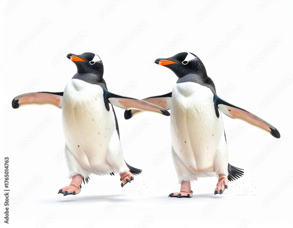 Fototapeta premium Two gentoo penguins dancing together with arms outstretched