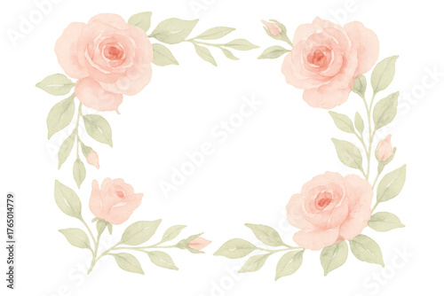 Watercolor pink rose frame and leaves decorating elegant floral border for wedding invitation design