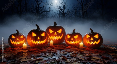 Spooky Halloween scene with carved pumpkins glowing in foggy night, candles, autumn leaves, eerie forest background, cinematic lighting