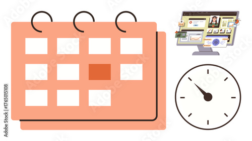 Calendar, analog clock, and computer screen with virtual tools for planning. Ideal for scheduling, productivity, organization, meetings, deadlines project management teamwork. Minimalist flat