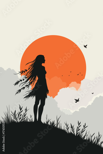 Silhouette of a woman standing on a hill with flowing hair and leaves, gazing at a vibrant orange sunset, surrounded by birds and soft clouds.