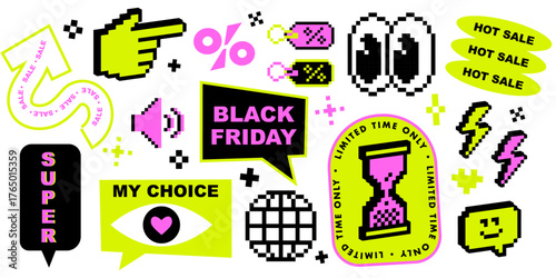 Y2k inspired set of Black Friday shopping stickers in 8 bit retro game digital nostalgic style. Percentage symbol, lightning flash, big eyes icon. Promotion special offers vector elements on white bg