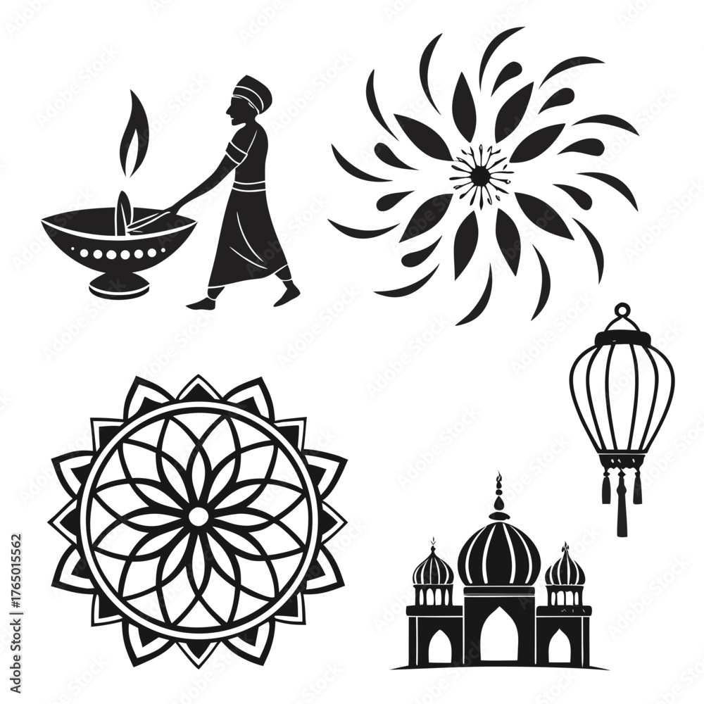 Naklejka premium Diwali elements with diya, lantern and mandala