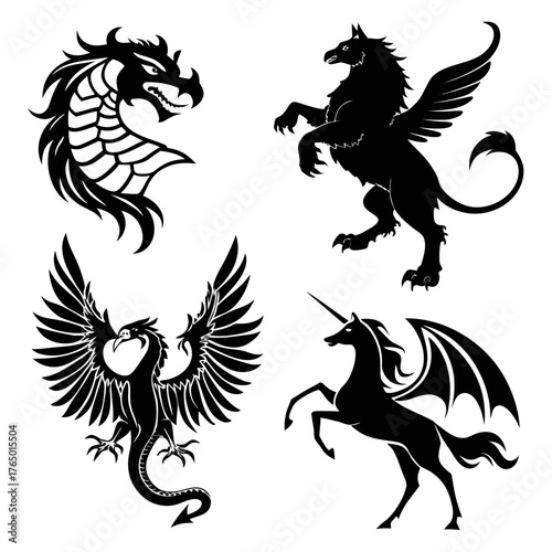 Collection of mythological creatures in black color