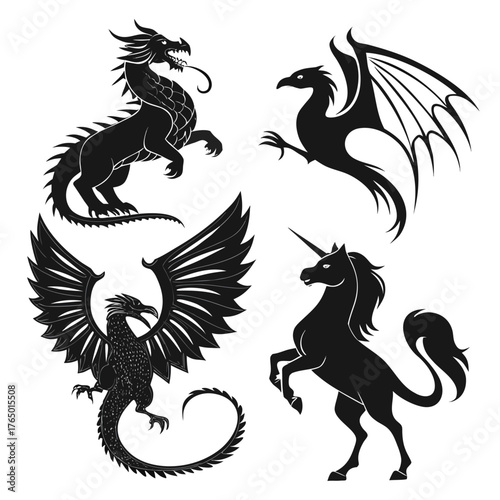 Collection of different mythological creatures in black