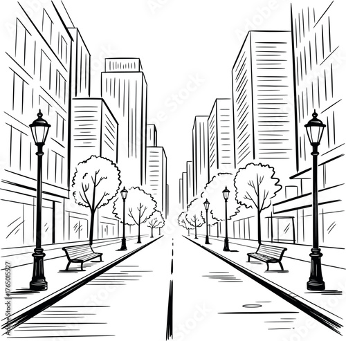 City street drawing black and white cityscape sketch with buildings trees and streetlights