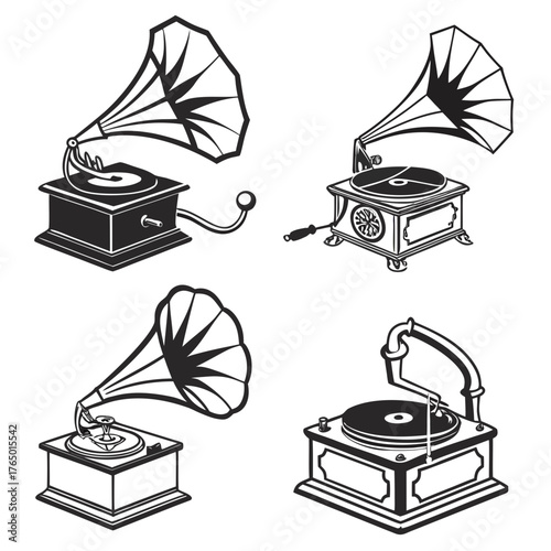 Collection of vintage gramophones in black and white