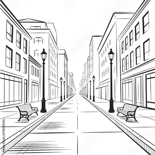 City street drawing black and white vector illustration urban scene architecture design view