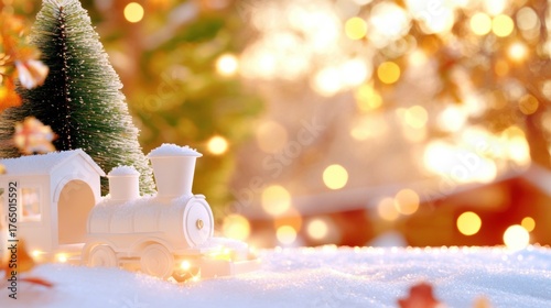 Winter train set with festive lights and snow in a cozy outdoor setting