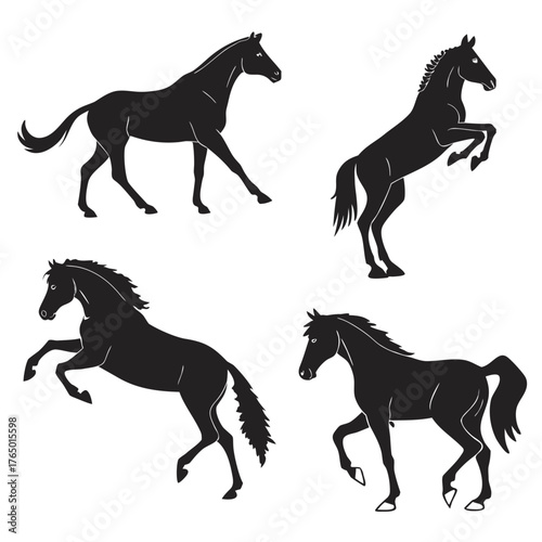 Four black horse silhouettes in various positions