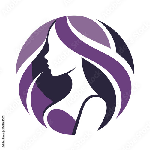 Beauty salon logo design with woman face silhouette and purple hair vector illustration