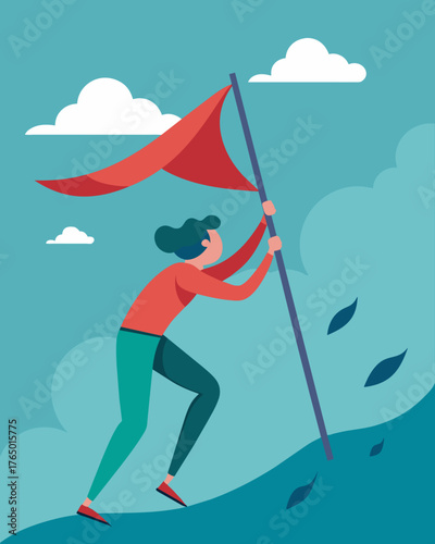 A figure clinging to a flagpole their strength waning as a relentless stress tidal wave pushes them closer and closer to the edge.. Vector illustration