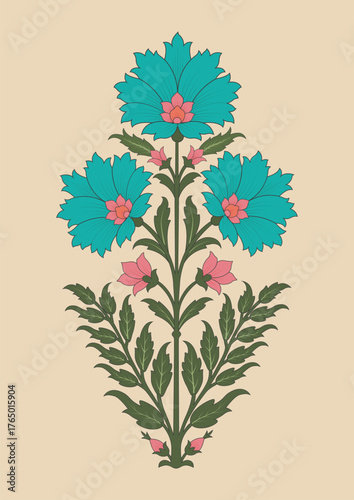 Mughal style botanical flower illustration with decorative leaves. Textile design flower patterns ornamental illustration. Vintage mughal style with flowers and foliage.