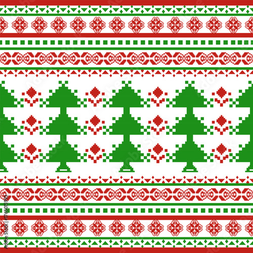 Christmas pixel style pattern. festive theme. embroidery style tree design. for decoration, illustration, wallpaper, card, poster. Christmas background.