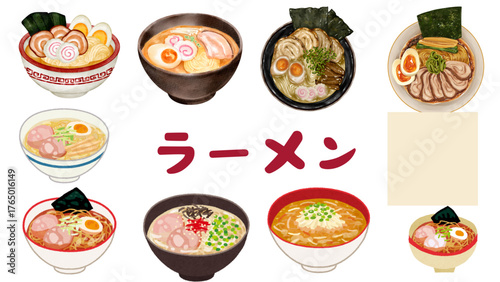 Delicious Ramen Bowls Variety A Colorful Illustration of Japanese Noodle Soup Dishes