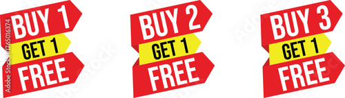 Three red and yellow arrow shaped sale signs with text promotion discount