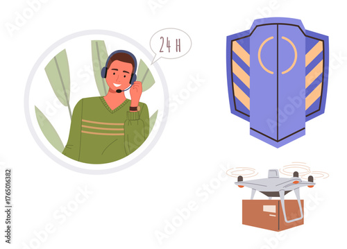 Headset operator symbolizing customer service, a secure delivery quadcopter carrying a package, and a shield ensuring safety. Ideal for logistics, security, customer support, e-commerce, innovation