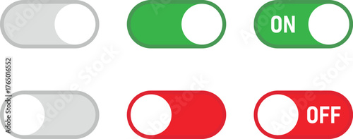 Green O N and Red O F toggle switch buttons with gray off states on off control