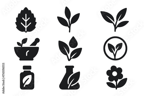 Herbal Element Icons. Solid style icons of herbal and organic elements: mint leaf icon, herbal branch, tea leaves, essential oil