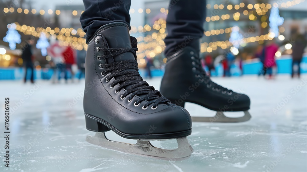 Naklejka premium Close-up of ice skates on a rink with festive lights in the background