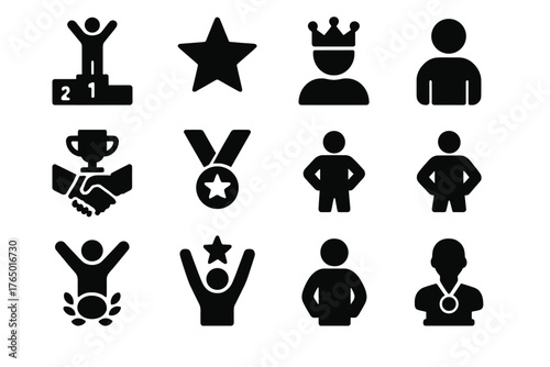 Victory Icons Collection. Solid style icons of Winners: podium with 1st place, champion star, crowned winner, handshake award,