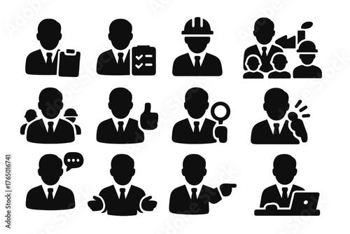 Supervisor Icons Collection. Solid style icons of Supervisors: supervisor with clipboard, supervisor with checklist, supervisor