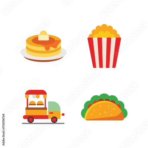 Fast food vector set with pancake, popcorn, taco, and food truck