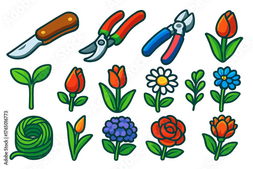Gardening Tools and Blooms. Isometric vector illustration set featuring tools and plants: pruning knife, garden scissors, wire