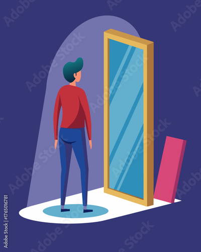 A character standing in front of a large mirror but their reflection is distorted and distorted by the invisible barriers blocking their true self.. Vector illustration