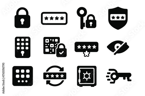 Password Security Icons. Solid style icons of Passwords: padlock with dots, password field, key with lock, shield password,