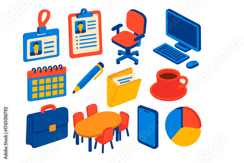 Business Essentials Icons. Isometric vector illustration set business and HR essentials: employee ID card, clipboard with resume,