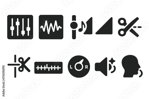 Audio Tool Icons. Solid style icons of audio editing tools: sound mixer, waveform editor, pitch control, fade in, fade out, cut
