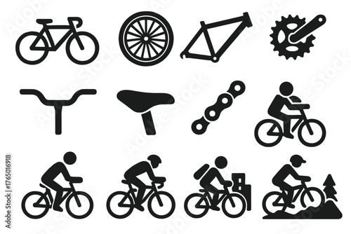 Cycling Icon Set. Solid style icons of Cycling inspiration: bike sketch, wheel pattern, frame design, gear mechanism, handlebar