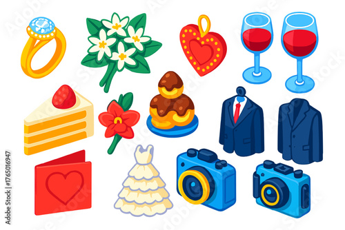 Vibrant Wedding Icons. Isometric vector illustration set rings, flowers, heart, toast, cake, card, dress, camera: oval halo ring,