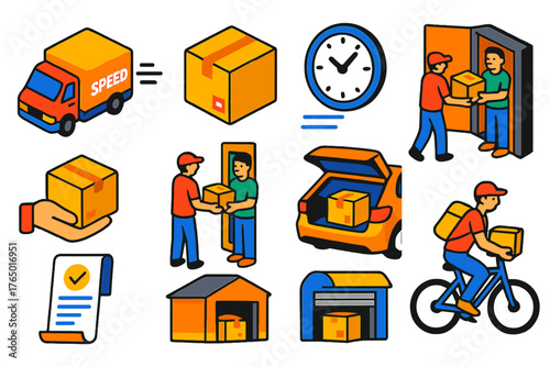 Express Delivery Icons. Isometric vector illustration set delivery and shipping: express truck, priority package, clock icon,