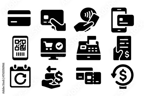 Payment Action Icons. Solid style icons of Payment actions: swipe card, insert chip, tap to pay, mobile wallet, QR payment, online