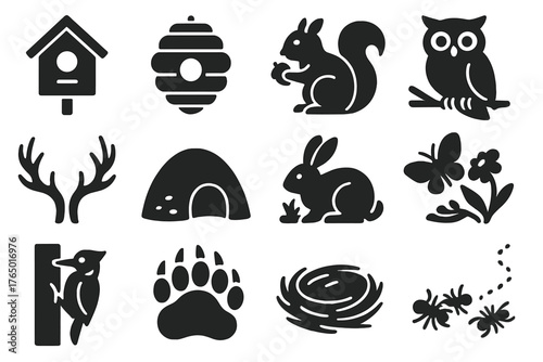 Forest Wildlife Icons. Solid style icons of Forest wildlife habitat: birdhouse, beehive, squirrel with nut, owl on branch, deer