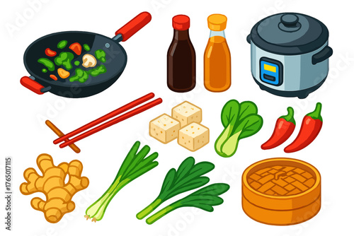 Cooking Essentials Icons. Isometric vector illustration set cooking themes: wok pan, stir-fry vegetables, soy sauce bottle, sesame