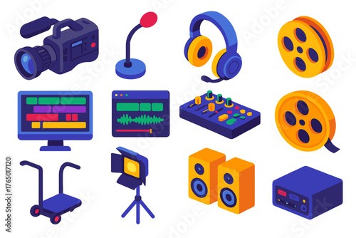 Audio-Visual Editing Tools. Isometric vector illustration set Video and Audio Editing Tools: ENG camera, gooseneck mic, recording