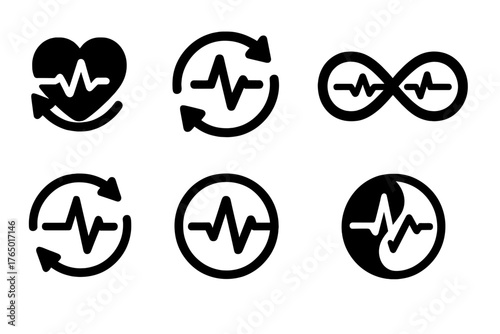 Vital Rhythm Icons. Solid style icons of Vital rhythm: heartbeat loop, rhythm cycle, continuous pulse, circular wave, infinite