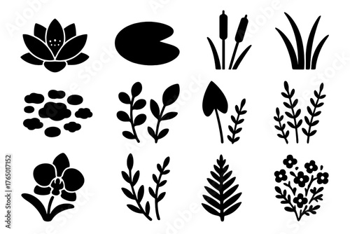 Pond Plant Icons. Solid style icons of Pond Plants: lotus flower, lily pad, cattail, reed grass, floating moss, pondweed,