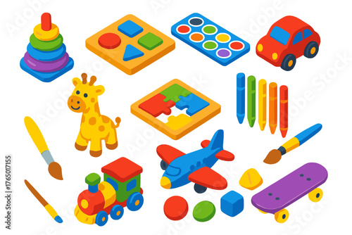 Colorful Kids' Toys. Isometric vector illustration set Creative Kids and Play: stacking rings, wooden puzzle, paint set, toy car,