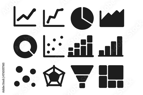 Solid Chart Icons. Solid style icons of Charts: bar chart, line graph, pie chart, area chart, donut chart, scatter plot, stacked