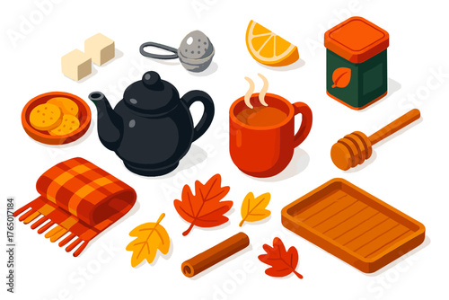 Autumn Tea Essentials. Isometric vector illustration set autumn drinks and tea: black tea pot, steaming cup, lemon wedge, sugar