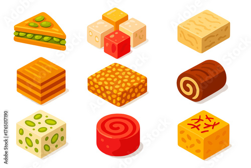 Sweet Treats Collection. Isometric vector illustration set sweet treats collection: baklava slice, Turkish delight, halva bar,
